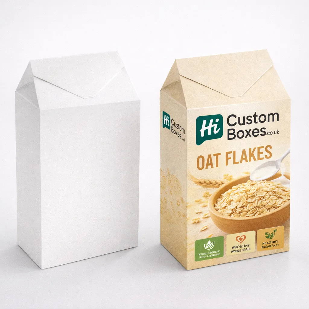 Two gable-top oat flakes boxes, one plain white and one with bespoke UK branding and design. class=